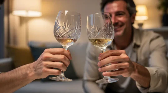 Deux amis trinquant avec des verres à spiritueux dans un salon moderne en soirée
