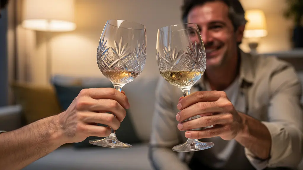 Deux amis trinquant avec des verres à spiritueux dans un salon moderne en soirée