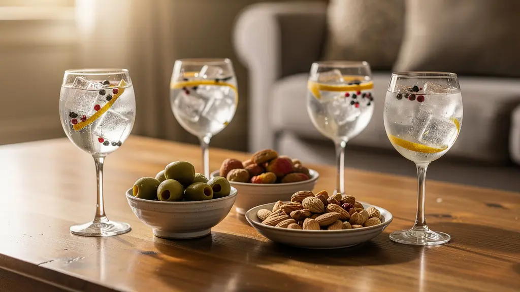 Verres de gin tonic avec accompagnements sur table basse pour apéritif