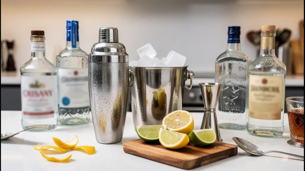 Préparation de cocktails avec shaker et agrumes sur plan de travail cuisine