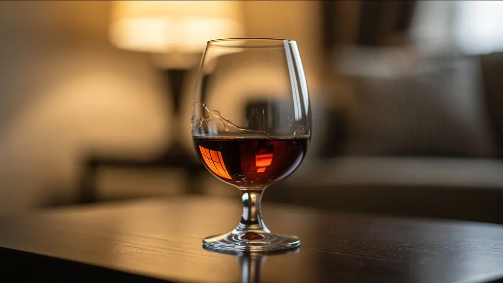 Verre ballon de cognac ambré dans une ambiance tamisée après dîner